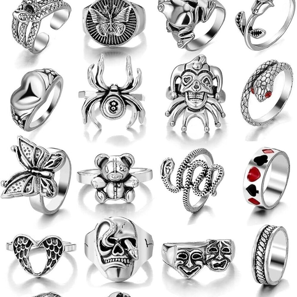 Cool Rings Set for Women, Vintage Silver Punk Rings Bulk, Gothic Chunky Knuckle